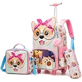 Meetbelify Backpack with Wheels for Girls Rolling Backpack Cute Carry on Backpack Kids Luggage with Lunch Box Pencil Case for Elementary Student