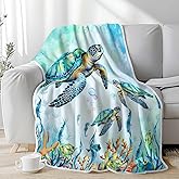 Turtle Blanket Sea Animal Starfish Throw Blanket Kids Blankets Throws Sea Turtle Gifts for Women Boys Girls Aqua Teal Blue Super Soft Cozy Flannel Throw Blanket for Couch Sofa Bed 50"x 60"