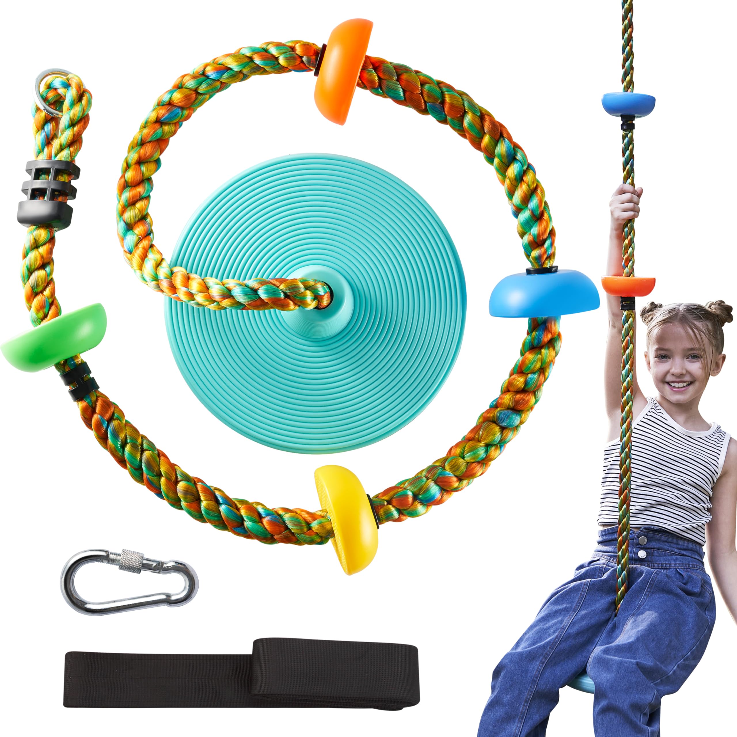 Photo 1 of TURFEE Tree Swing for Kids -Blue Climbing Rope Tree with Platforms and Disc Seat Single Disc Seat and Climbing Rope Set w/Carabiner & 4 Ft Strap - Treehouse and Outdoor Playground -Blue