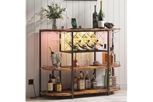 ZOPEND Wine Cabinet Bar Cart Table with Power Socket and LED Light, Three Tiers Coffee Bar Table Wine Rack Liqour Bar with Large Storage for Home Kitchen (Retro Brown)