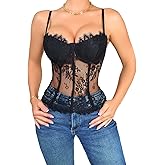 WDIRARA Women's Lace Sheer Cami Bustier Crop Corset Top Spaghetti Strap Sexy Tops