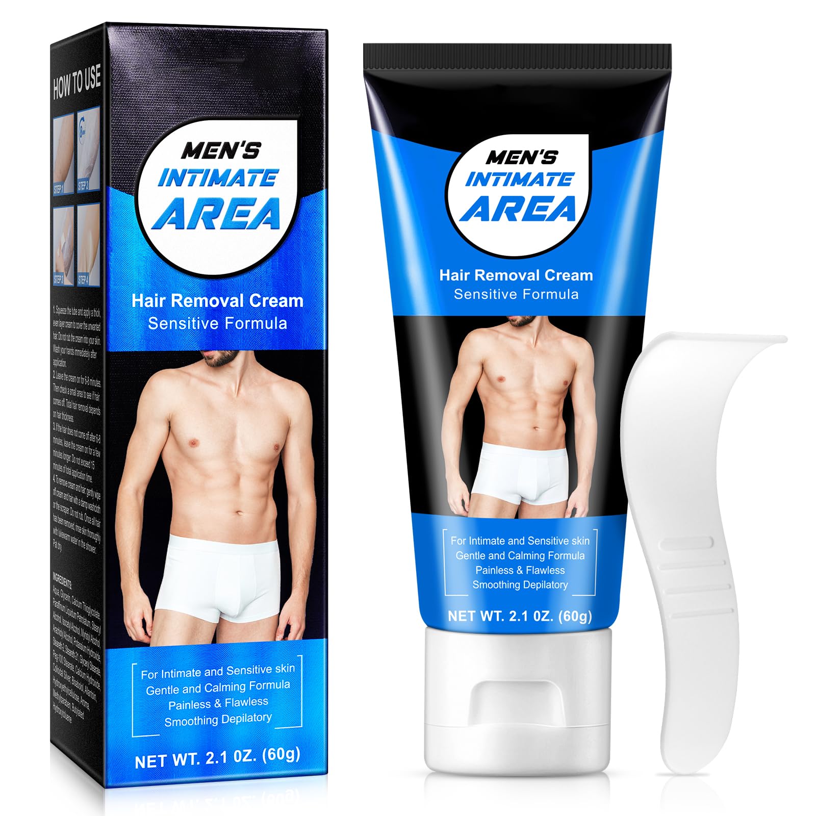 Mens Hair Removal Cream, Intimate Hair Remove Cream for Male- Extra Gentle Painless Depilatory Cream for Sensitive Areas - 60g for Genitals, Bikini, Pubic, Legs & Bum, Down Under, 24 Hour Hydration