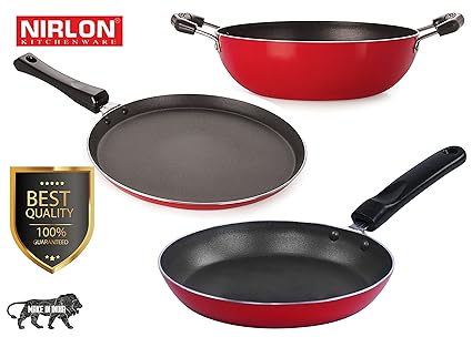 Nirlon Non-Stick Aluminium Cookware Set, 3-Pieces, Red (2.6mm_FT12_KD12_TP)