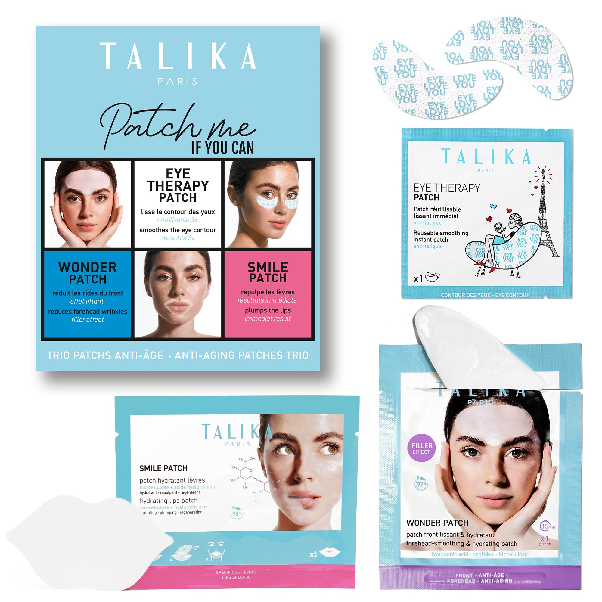 Talika Patch Me If You Can Set | Hydrating Skincare Set with Eye, Forehead, and Lip Masks | Biocellulose Masks with Hyaluronic Acid & Eye Therapy Patches | Hydrate, Plump, and Smooth