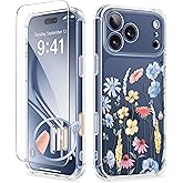 GVIEWIN for iPhone 17 Pro Case with Screen Protector, Upgraded [Full Camera Protection] [Non Yellowing] Floral Slim Shockproof Clear Women Phone Cover for iPhone 17 Pro 6.3" (Aconite/Light Blue)