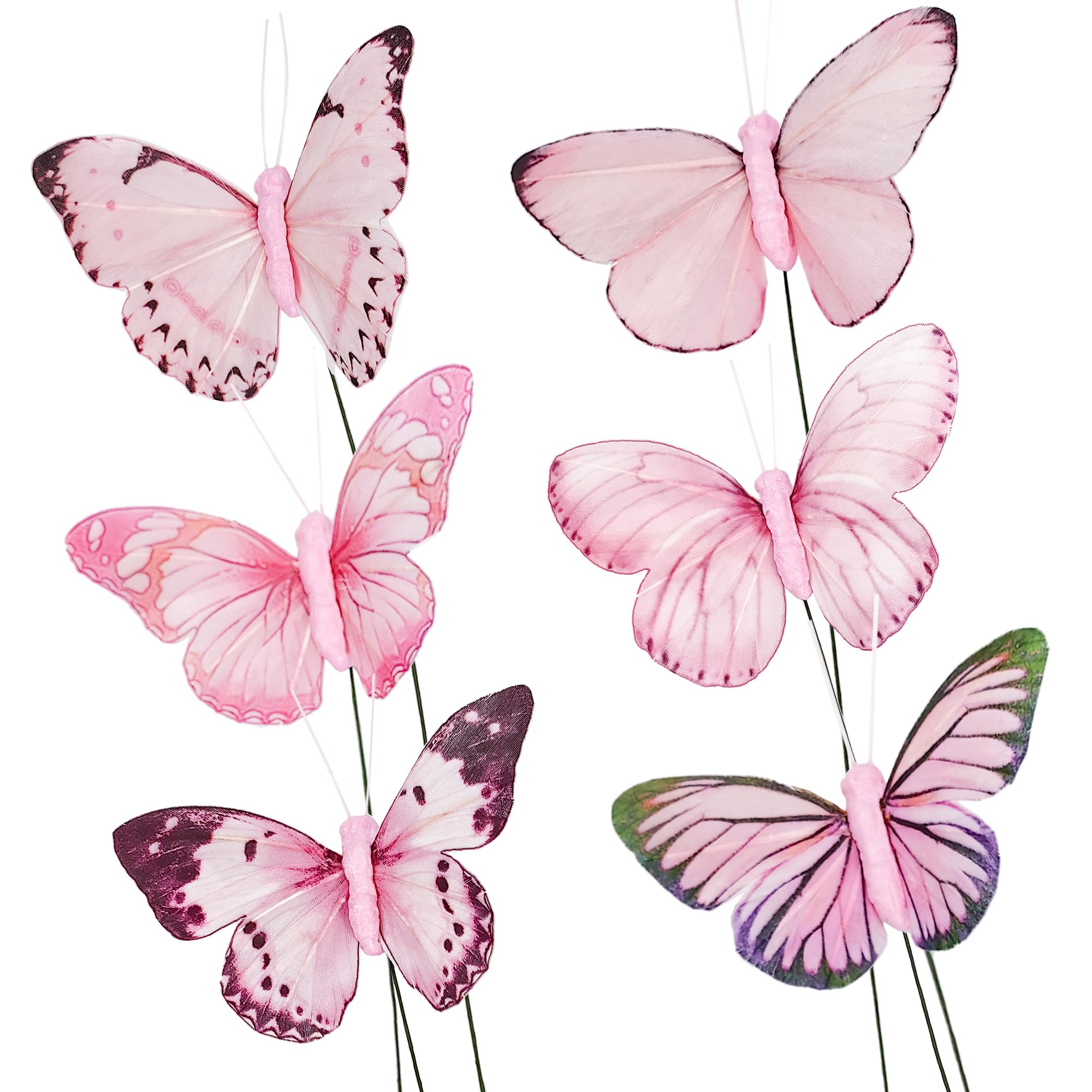 YCHTEWY-Feather Fake Butterfly for Craft Decoration Set of 12 with Wire Pink Wedding Home Flower Pot Christmas Party Spring Home Decor Floral, YCB61B