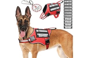 MOOGROU Service Dog Vest Harness+ID Tag+10 Patches,Metal Serivce Dog Tag&Reflective Emotional Support Dog Vest with Handle for Large Dogs,Easy Put On/Off for Training/Walking/Everyday Red L