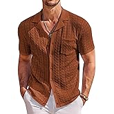 COOFANDY Men's Knit Button Down Shirt Short Sleeve Vintage Polo Shirts Summer Casual Beach Tops