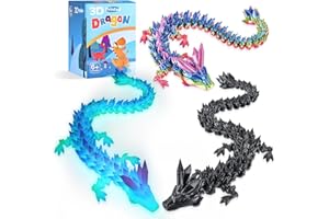 TXB3DOK 3pcs 12in 3D Printed Crystal Dragon,3D Printed Flexible Articulated Dragon,Halloween Home Office Decor Executive Desk Toys (Luminous Black Rainbow)