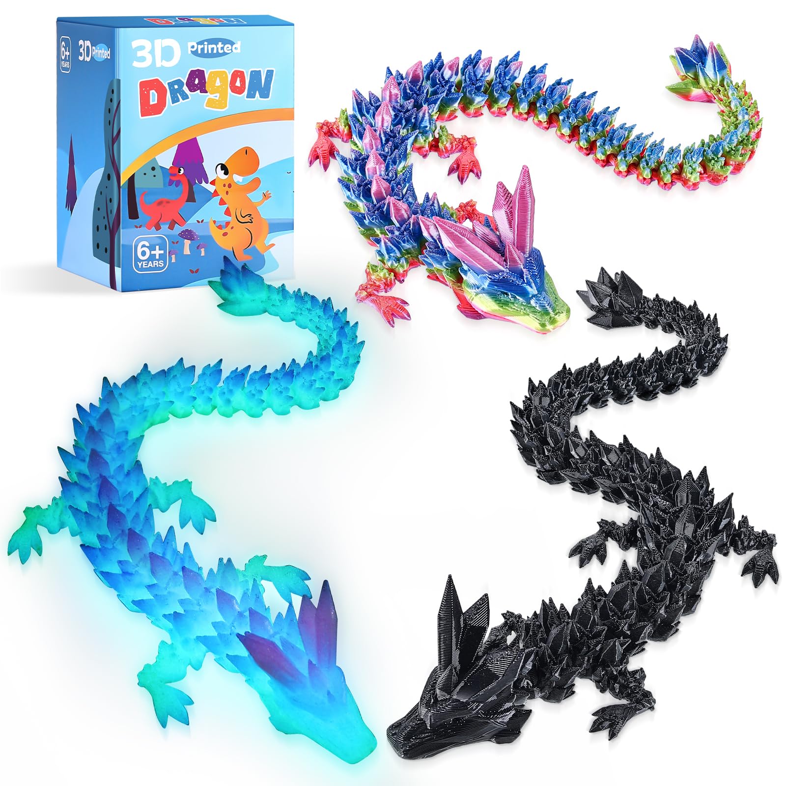 TXB3DOK 3pcs 12in 3D Printed Crystal Dragon Glow in The Dark,3D Printed Flexible Articulated Dragon,Halloween Home Office Decor Executive Desk Toys (Luminous Black Rainbow)