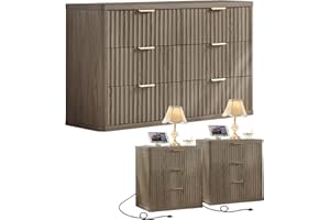 LEYAOYAO Fluted Dresser and 3 Drawers Nightstand Set of 2, Wood 48" Wide Dresser & 23" Night Stand with Charging Station, 3 Piece Bedroom Furniture Set, Chest of Drawers for Home,Living Room,Grey