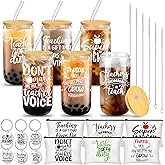 Ziliny 18 Pcs Teacher Appreciation Gifts Set 6 Pcs 16 oz Thank You Teacher Glass Cups with Lids Straws Brushes, 6 Makeup Pouch, 6 Keychains for Valentine Employee Appreciation Gift(Elegant)