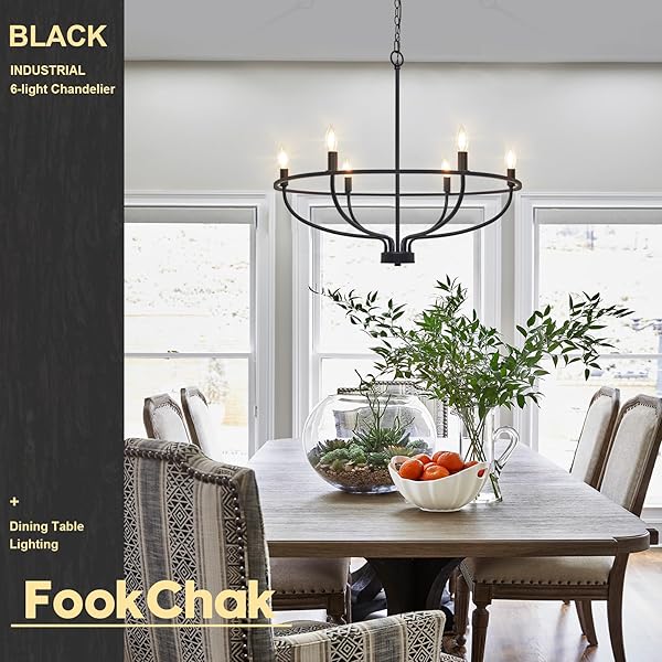 FOOKCHAK BLACK DINING ROOM LIGHT FIXTURE, 6-LIGHT FARMHOUSE BLACK CHANDELIER FOR BEDROOM METAL CANDLE CHANDELIERS HANGING LIGHTING FOR KITCHEN LIVING ROOM ENTRYWAY FOYER, 28.54IN