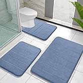 Yimobra Memory Foam Bath Mat Set 3 Pieces- Super Soft Absorbent Quick Dry Bathroom Rug Sets, Machine Washable Non Slip Floor Carpet for Tub Shower, Vanity & Toilet Base, Denim Blue