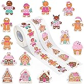 GUjianzhi Christmas Gingerbread Sticker Rolls – 1000Pcs Pink Gingerbread Man Candy Cane House Stickers for Kids, Funny Cartoon Pink House Ice-Cream Decals Gifts for Christmas Birthday Party Guitar