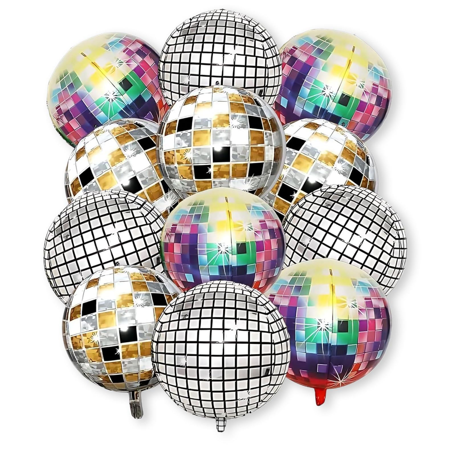fKiZanthene Disco Ball Balloons Set of Twelve, Four D Round Foil Party Balloons for Party Decoration, Disco Party Supplies for Home Party Venue or Outdoor Events