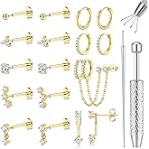 LOLIAS 16G/18G/20G Flat Back Earrings for Women Threadless Surgical Steel Stud Hoop Earrings Push in Nose Studs Hypoallergenic CZ Cartilage Earring Set Labret Helix Tragus Conch Piercing Jewelry