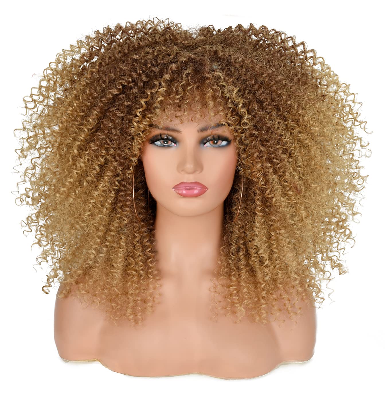 ISAMY Long Curly Wigs for Black Women Afro Bomb Curly Wig with Bangs Synthetic Fiber Glueless Long Afro Kinky Curly Hair (33-27)