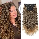 Clip in Hair Extensions, FLUFYMOOZ 4PC 100% Pure Protein Silk Hair Extensions Long Soft Natural Hairpiece 20 Inch Curly Hair Extension for Women (Medium Golden Brown to Blonde)