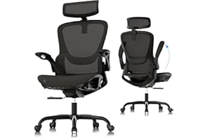 GABRYLLY Ergonomic Mesh Office Chair, Adjustable Home Desk Chair with Folding Armrest, 2D Headrest, Soft Seat and PU Wheel, Black Swivel Task Chair for Office, Business, Student (GY1108)
