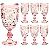 Wiwiqing 6 Pcs Plastic Goblets 7.5oz Vintage Goblet Plastic Wine Glasses Colored Retro Embossed Water Goblets for Wine Bar Juice Baby Shower Wedding Reception Grand Event Party (Pink)