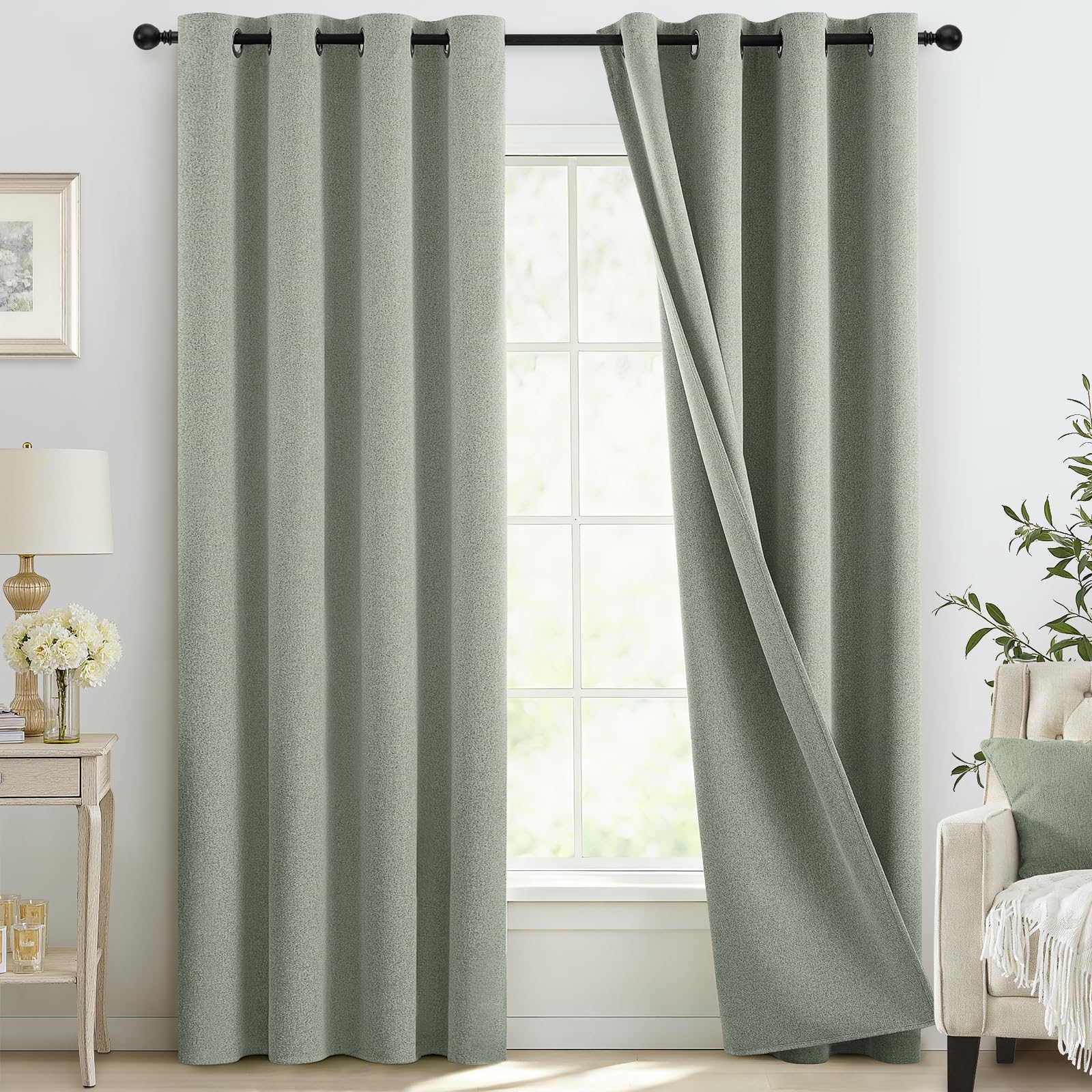 COSVIYA 100% Blackout Sage Green Linen Curtains & Drapes 108 Inch Length 2 Panels Set, Full Room Darkening Grommet Insulated Thermal Window Treatments for Bedroom/Living Room,52x108 inches Image