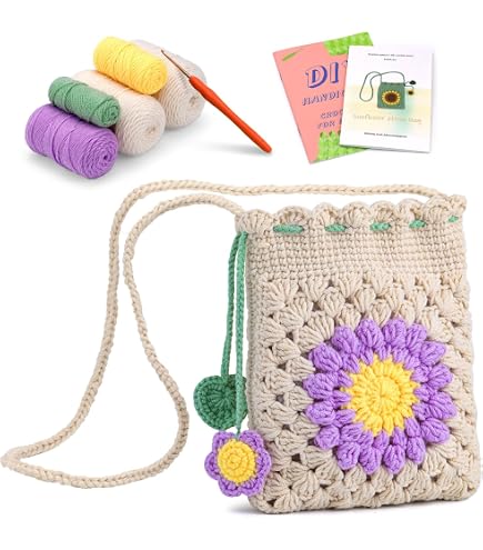 Anbaagsky Kit de crochet et tricot pour débutants, sac fourre-tout tournesol et carré, tutoriels vidéo étape par étape