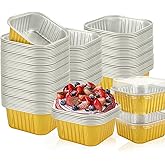 Oungy 100 PCS 5 oz Mini Square Baking Cups with Lids, Aluminum Foil Cupcake Cups Mini Cake Pans with Lids, Disposable Ramekins Cake Pans Small Loaf Pans Cake Tins for Cheesecake Muffin Puddings, Gold