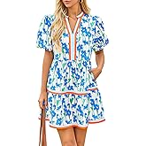 Cicy Bell Womens V Neck Floral Mini Dress Short Puff Sleeve Patchwork Summer Casual Boho Dresses