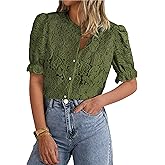 PRETTYGARDEN Womens 2026 Spring Lace Tops Short Puff Sleeve Casual Dressy Blouses Eyelet Crew Neck Button Down Shirts