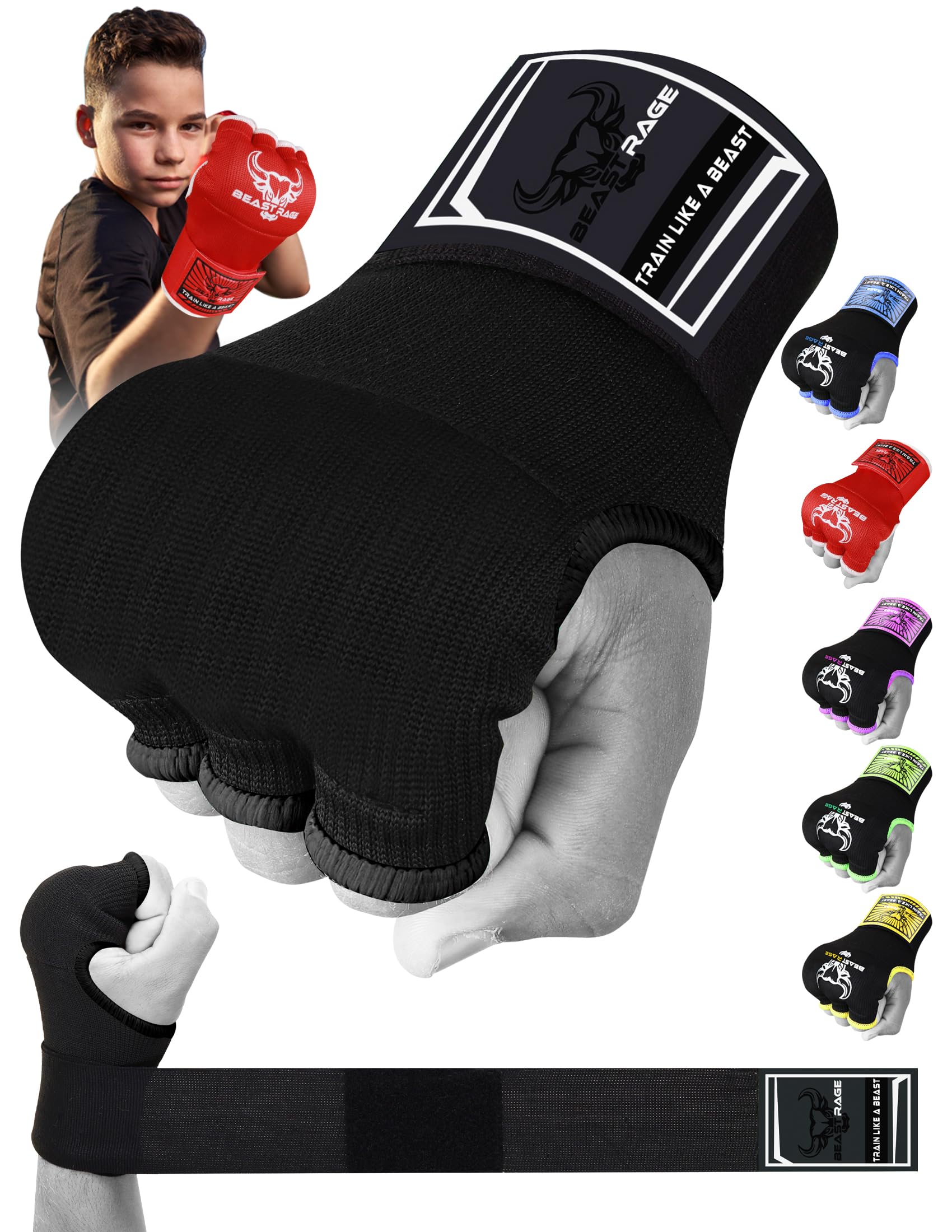 BEAST RAGE Boxing Wraps Hand Gel Gloves MMA 75cm Long Wrap Padded Elasticated Quick Boxing Punching Bag Training Muay Thai Hand Wraps set UFC Bandages For Mens Ladies kids (Kids Junior, Black)
