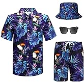 Harloon 4pcs Men's Hawaiian Shirt and Short Palm Set Beach Outfit Print Tropical Suit Bucket Hat Sunglasses Halloween Tourist