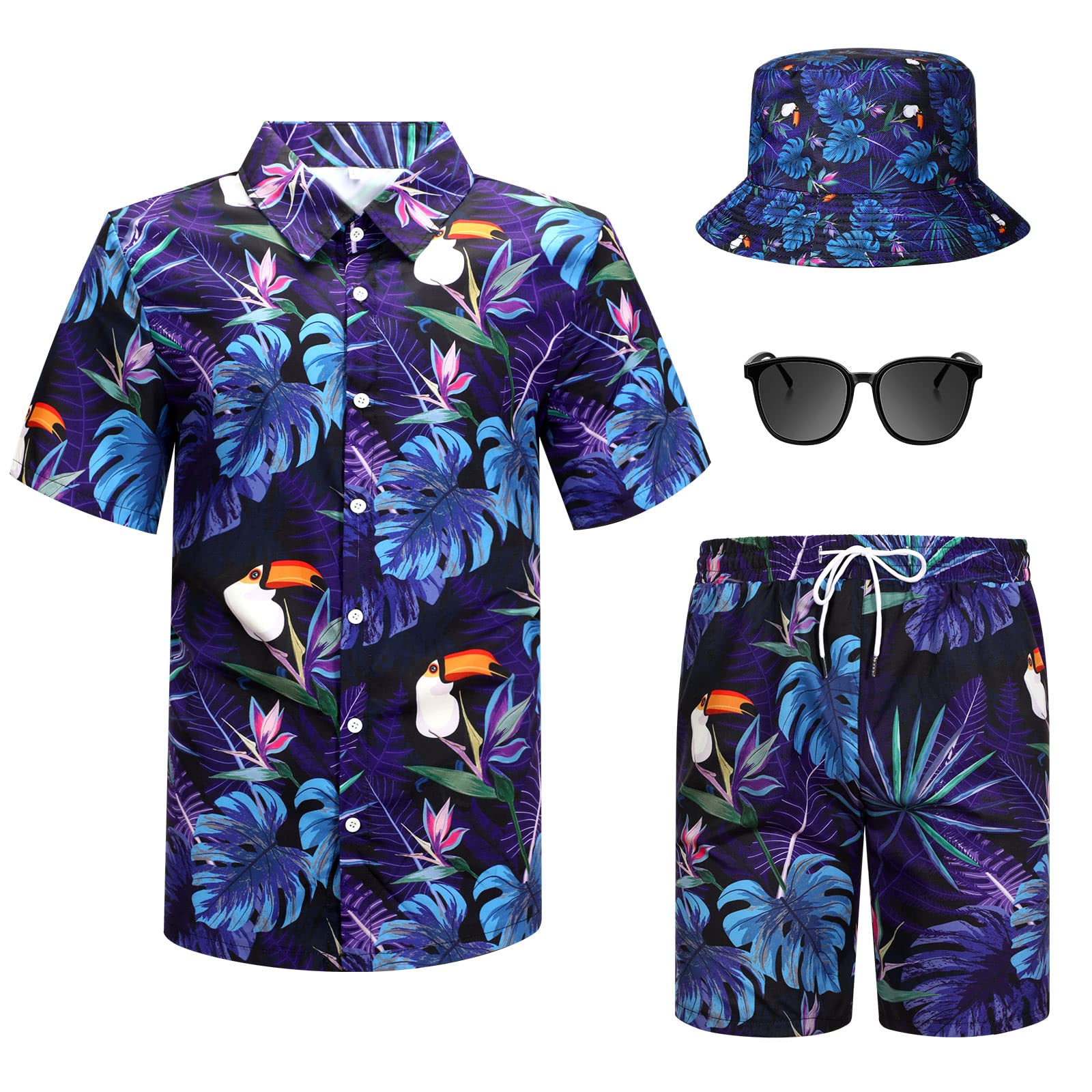 Photo 1 of ****3 PIECE MISSING SUN GLASSES****Harloon 4pcs Men's Hawaiian Shirt and Short Palm Set Beach Outfit Print Tropical Suit Bucket Hat Sunglasses Halloween Tourist(XXL Size)
