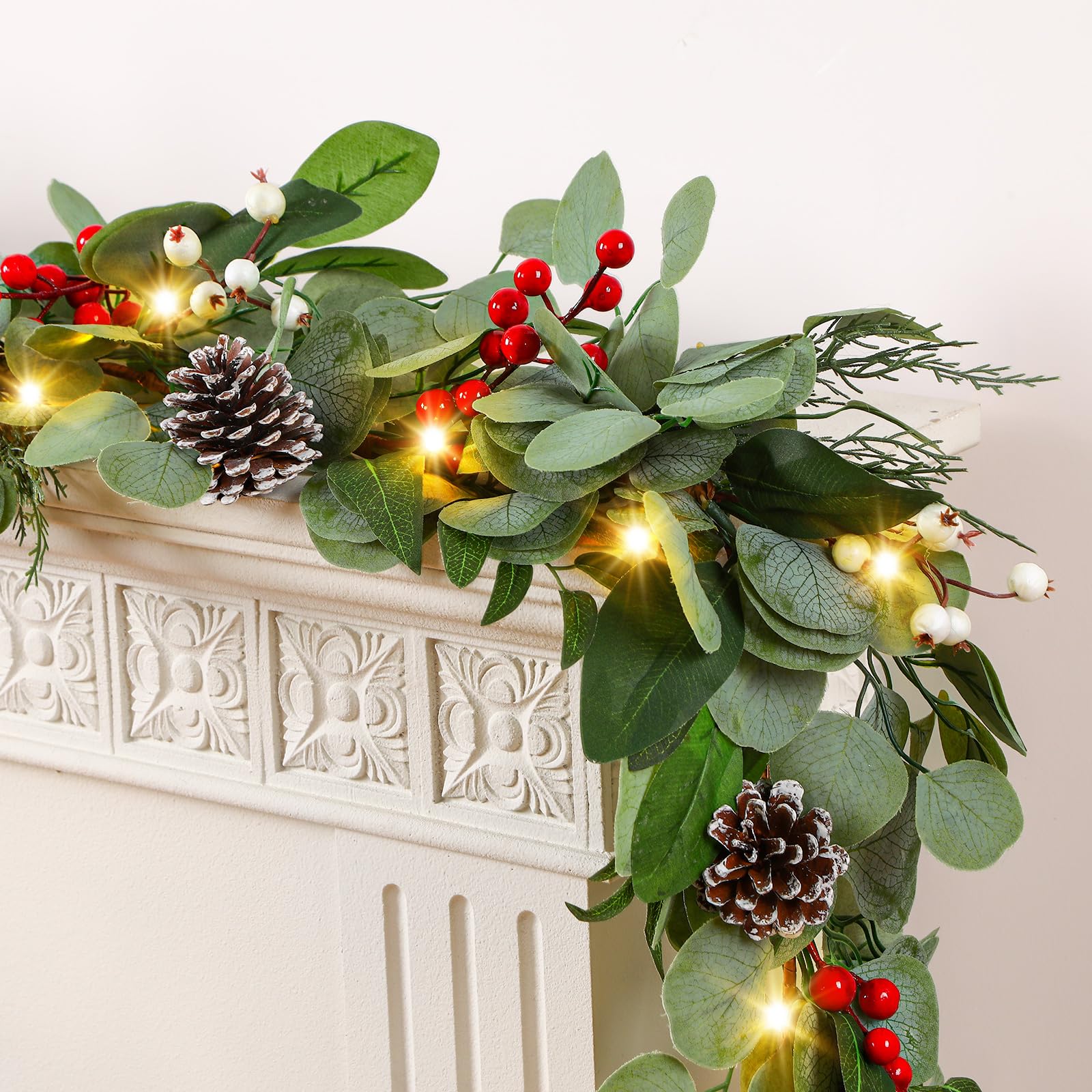 Photo 1 of 2 PCS 9ft Prelit Artificial Eucalyptus Christmas Garland, Multi-Color Lights/Battery Operated, Lighted Christmas Garland for Mantle Table Stairs Railing Xmas Indoor Outdoor Decoration