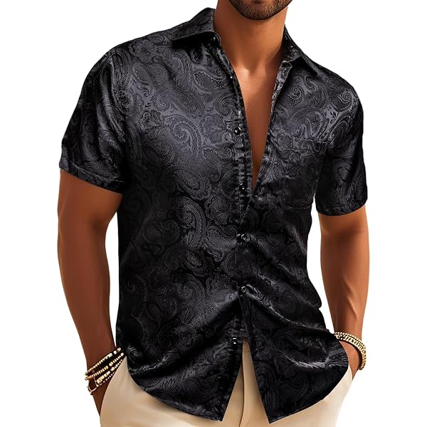 TUNEVUSE Herren Satinhemd Kurzarm – Glänzend, Floral Jacquard, Größen S-5XL