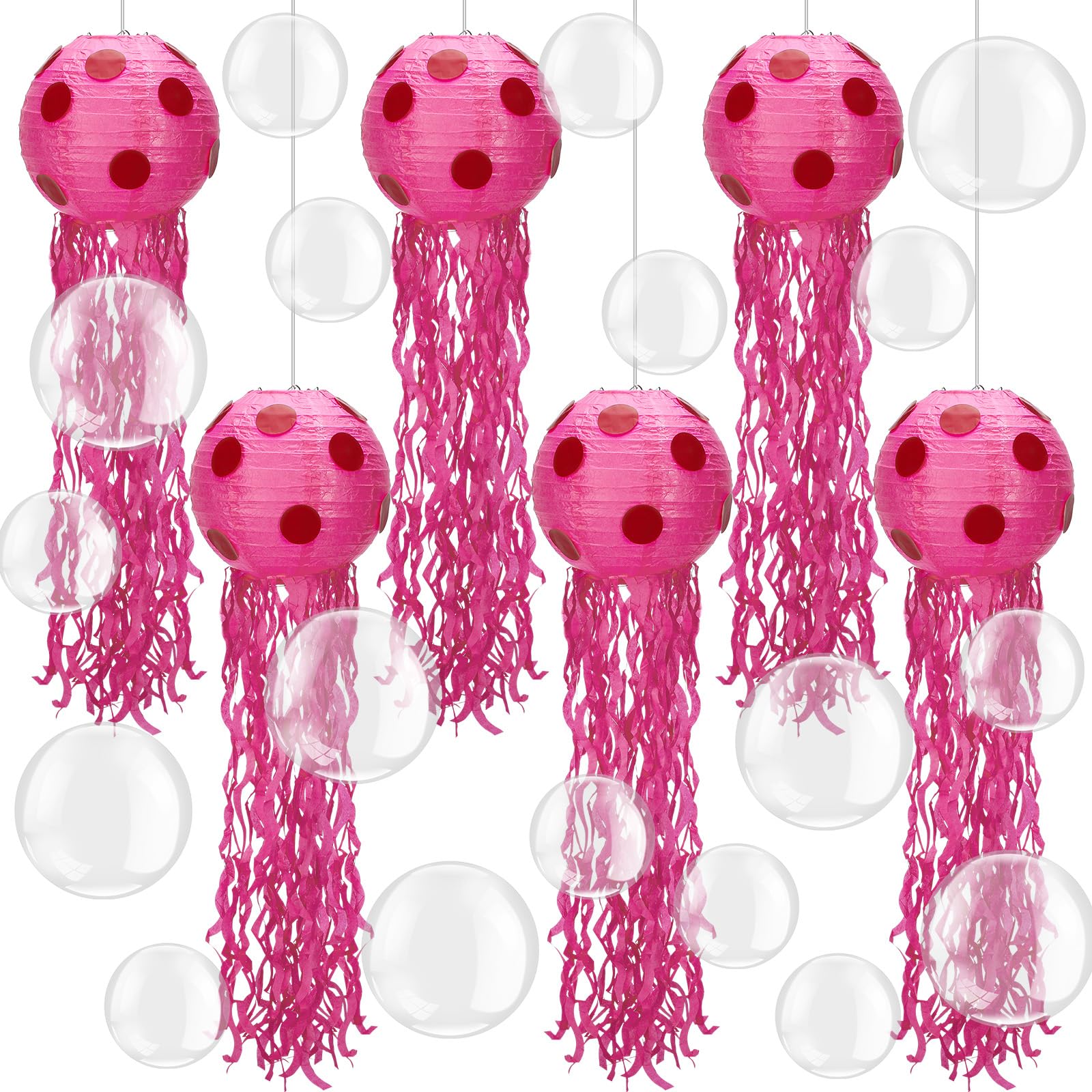Photo 1 of Lunmon 6 Set Sponge Party Hanging Jellyfish Decorations 8 Inch Jellyfish Paper Lanterns with 100 Pcs 5 Inch 10 Inch Clear Balloons Jellyfish Hanging Decor for Birthday Party Ocean Decorations