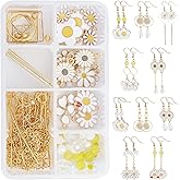 SUNNYCLUE 1 Box DIY 10 Pairs Thanksgiving Day Daisy Flower Charms Earrings Making Starter Kit White Enamel Flower Charms Glass Beads Linking Rings Earring Hooks for Jewelry Making Kits Adult Women