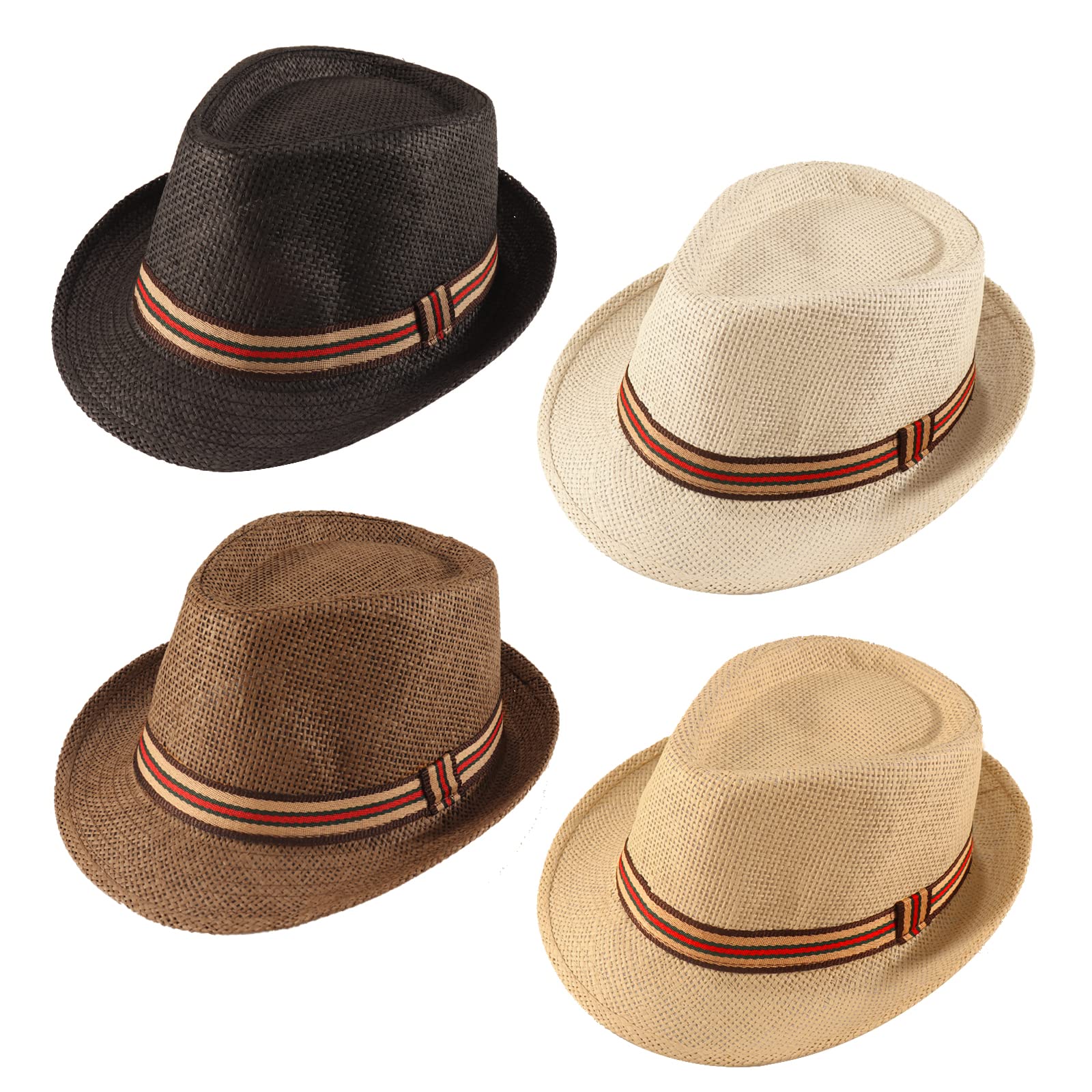 Photo 1 of Forwe 4 Pack Straw Fedora Hat for Men Women Short Brim Trilby Hat Classic Panama Summer Beach Sun Hat (B-03)