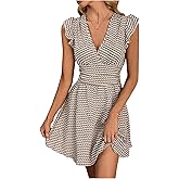 winkbay Women's Deep V Neck Wrap Mini Dress Ruffle Cap Sleeve A Line Flowy Vintage Dresses