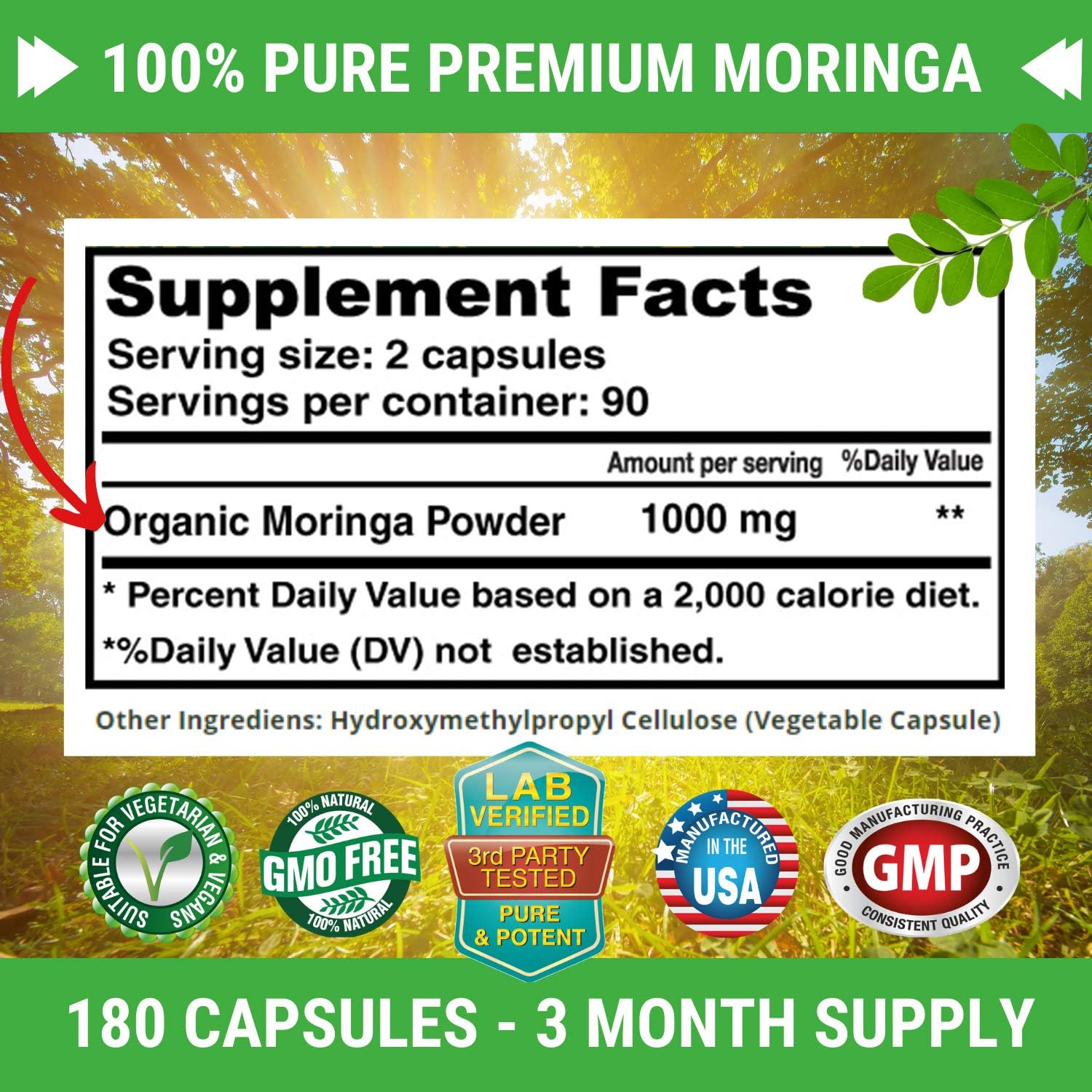 Moringa Oleifera 180 Capsules – 100% Pure Leaf Powder - Max 1000mg Per Serving - Complete Green Superfood Supplement - Full 3 Month Supply - Pure Miracle Tree Moringa Super Greens Powder Vegan Caps: Health & Personal Care