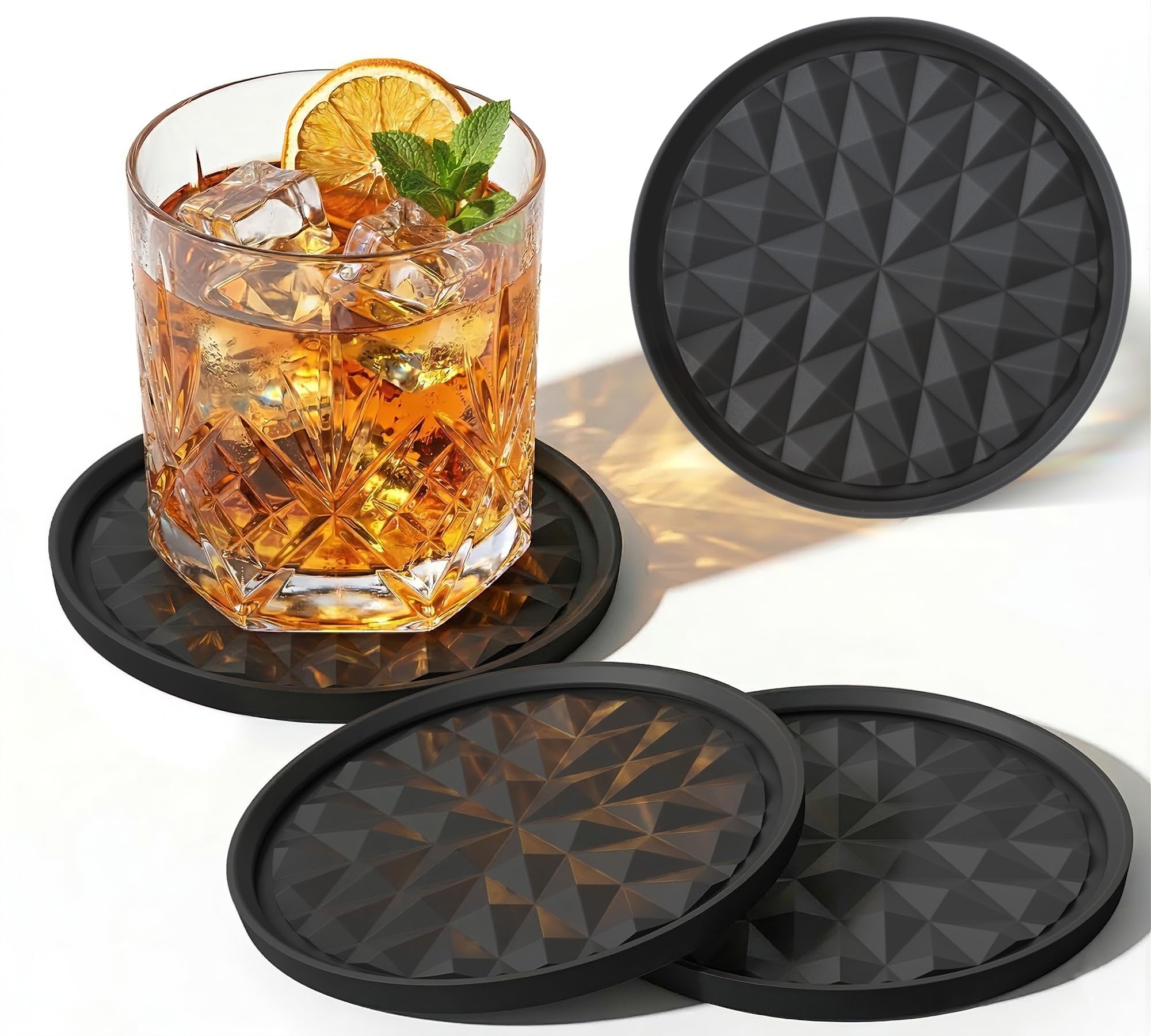 Wingcases Silicone Coasters for Drinks[4 pcs, No Holder]- Cup Mat Tabletop Protection Non-Slip, Non-Stick, Coffee Table Decor, Great Gift for Any Occasion, Black