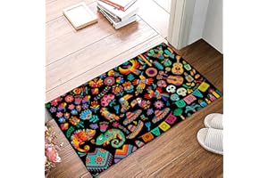 DIFNARY Mexican Art Indoor Doormat Bath Rugs Non Slip, Washable Cover Floor Rug Absorbent Carpets Floor Mat Home Decor for Kitchen Bedroom Colorful Flowers Botanical Bird Guitar Skull 16 * 24in