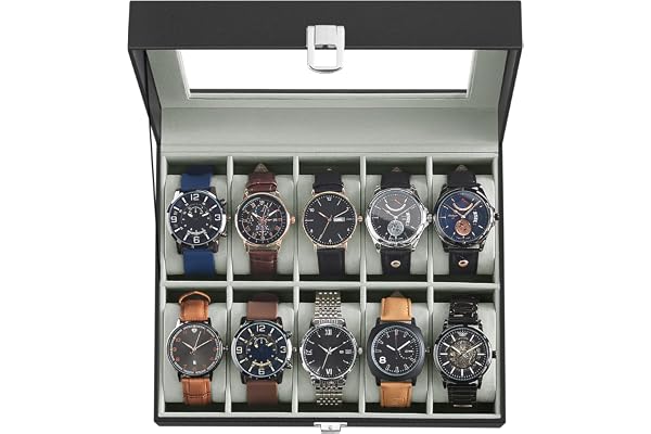 SONGMICS Watch Box, 10-Slot Watch Case Organizer with Large Glass Lid, Removable Pillows, Gift for Loved Ones, Black Syntheti