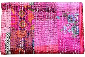 GDONLINE Indian Handmade Quilt Indian Silk Sari Kantha Quilted Patchwork, Silk Kantha Blanket Throw, Boho Vintage Bedspreads 60" x 40"