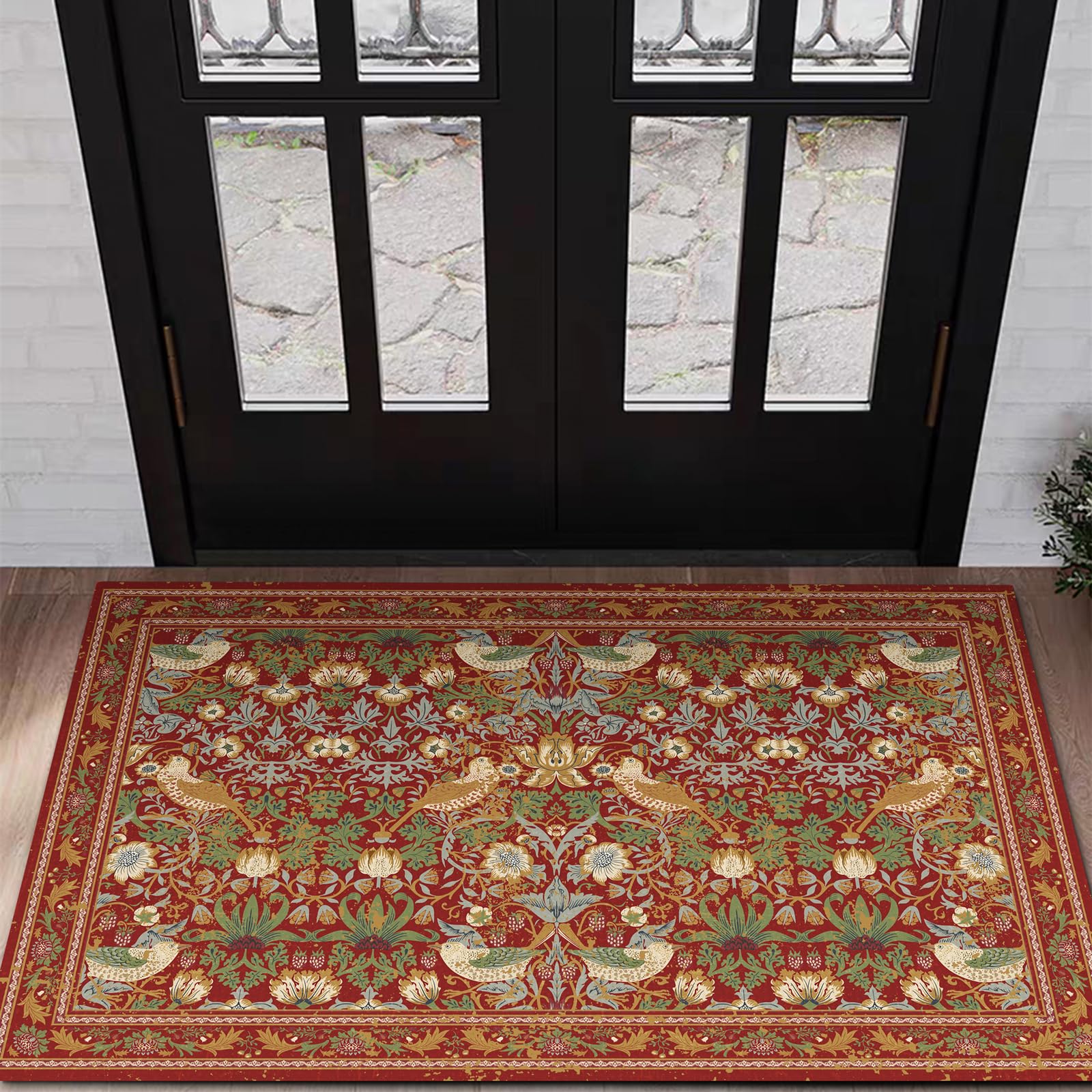 Photo 1 of RoomTalks Ultra Thin Country Rustic 2x3 Entryway Rug Entrance Non-Slip Washable Indoor Door Mat, Rusty Red Strawberry Thief Rug, Vintage Botanical Floral Forest Accent Throw Rugs for Bathroom Kitchen