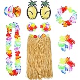 8 Pcs Hawaiian Hula Grass Skirt with Pineapple Sunglasses Flower Bikini Top Accessories for Women Luau Party Decors