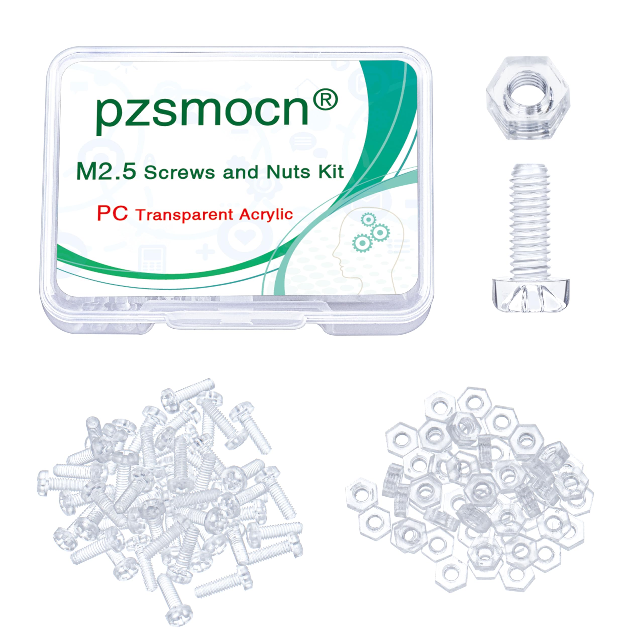 Pzsmocn 100 Pieces/50 Sets M2.5 * 8 mm PC Transparent Plastic Cross-recessed Round Head Screws and Hexagonal Nuts Kit, Corrosion-resistant, for DIY, Model and Electronic Product Fixation. — image 1