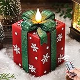 LCZLUMIPRO Christmas Flameless Gift Box Candle Hand-Painted Real Wax LED Candle with Remote Timer Battery Operated Red Green Decor for Xmas Tree Skirt Ornament Table Outdoor Indoor Holiday