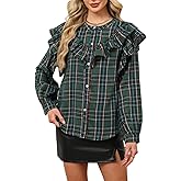Women Plaid Ruffle Blouse Long Sleeve Button Down Shirt Christmas Tartan Top Casual Holiday Checkered Shirt