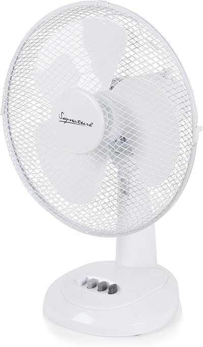 Signature 12 inch Desk Fan 3 Speed Oscillating Tilt White S40009